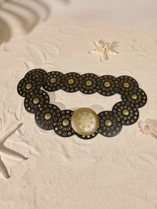 Tropiscape Boho 1pc Pu Women's Black Western Style Hollow Out Metal Round Buckle Belt Halloween Summer, School Fall, Autumn, Halloween - Black - View 2