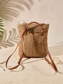 Tropiscape 1 chiếc balo rơm dây rút màu kaki trơn thời trang mùa hè, dệt rỗng, balo rơm nắp gập dành cho nữ, thích hợp cho du lịch nghỉ dưỡng, mua sắm cùng bạn bè, bãi biển nhiệt đới và các dịp khác, hoàn hảo với phụ kiện balo, có thể dùng làm balo đi học, balo dung tích lớn, balo đi học, lựa chọn lý tưởng cho ngày đầu tiên trở lại trường, dung tích lớn, chống thấm nước, nhẹ, dễ mang theo, phong cách cổ điển thường ngày. Phong cách Cottagecore, trang phục mùa hè. - màu nâu - Xem 5