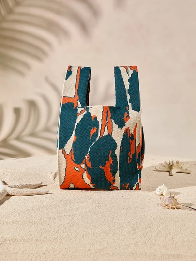 Tropiscape 1个撞色涂鸦水彩镂空针织可折叠轻便手提包/化妆包/书包，适合日常、度假、上学、通勤、购物、摄影、旅行、露营等各种场合，四季皆宜，是送给妈妈的绝佳母亲节礼物