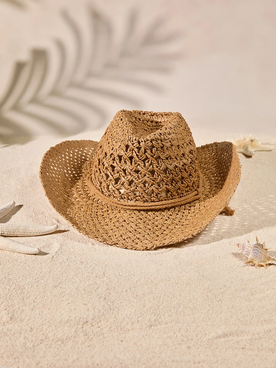 Tropiscape Boho 1pc Ladies' Hollow Out Woven Straw Hat In Beige With Western Cowboy Style Design, Sunscreen, Breathable, And Windproof Rope For Beach Vacation And Daily Wear In Summer - Khaki - View 1