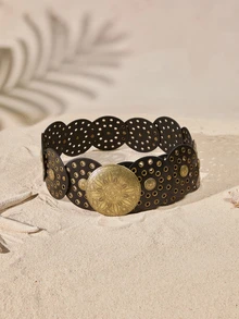 Tropiscape Boho 1pc Pu Women's Black Western Style Hollow Out Metal Round Buckle Belt Halloween Summer, School Fall, Autumn, Halloween - Black - View 1