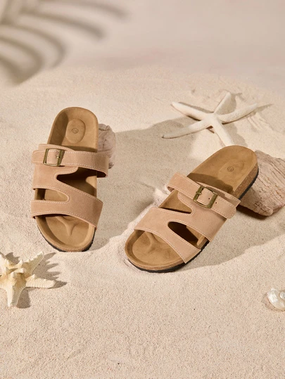 Tropiscape Platta sandaler för kvinnor, avslappnade mjuka sandaler i kork, slip-on sandaler, Buckle Beach Holiday Tofflor