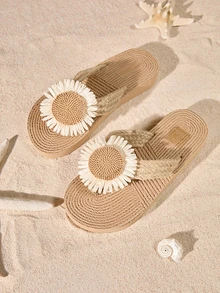Tropiscape Women's Wedge Sandals Low Heel Ladies Sandals Rope Women Slippers Criss-Cross Straps Open Toe Slip On Casual Everyday Outdoor Vacation Beach Travel Beige Brown Sandals Sunflower Daisy Decor Flip Flops Cottagecore,SummerOutfit - Beige - View 3