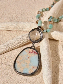 Tropiscape 1pc Spring New Bohemian Vintage Style Natural Stone Glass Knot Necklace With Square Emperor Stone Pendant For Women Sweater Chain Cottagecore,SummerOutfit Witch Halloween, Trick Or Treat, Spooky, Haunted, Creepy, Scary, Boo - NK2634 - View 2
