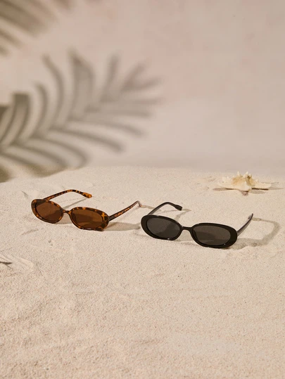 Tropiscape 2 Pairs Retro Small Frame Oval Plastic Sunglasses, Unisex Fashion Classic Style, Suitable For Outdoor, Travel, Beach, Vacation