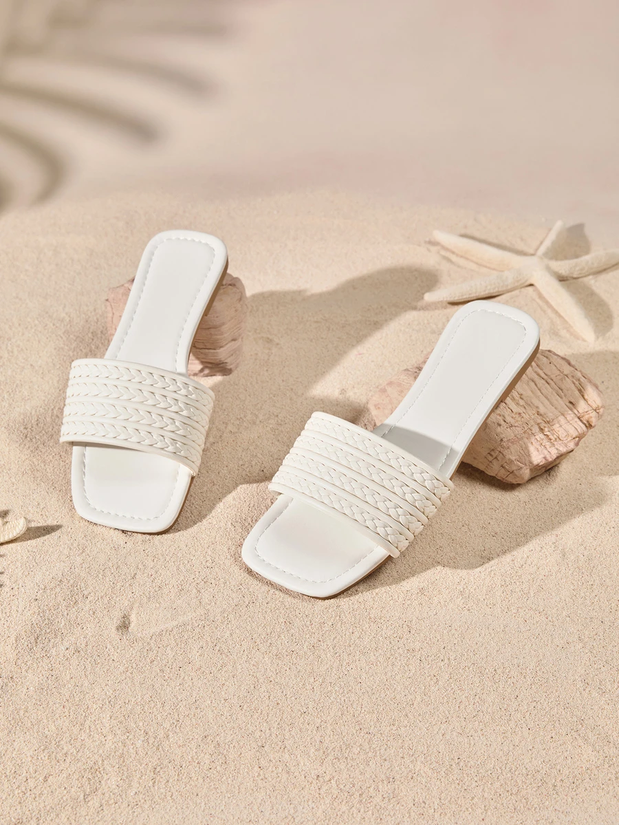 Tropiscape 夏季女式純白色編織平底涼鞋平跟拖鞋適合性感派對和海灘 - 白色 - 查看 1