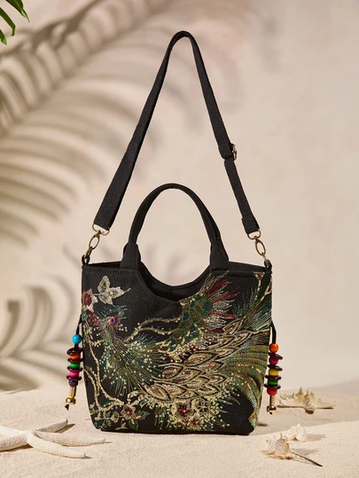 Tropiscape Peacock Embroidered Top Handle Bag Sequin Decor Polyester Fashionable School Bag For Graduate, Teen Girls, Freshman, Sophomore, Junior & Senior In College, University & High School, Perfect For Outdoors ,Travel & Back To School Cottagecore,SummerOutfit