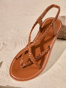 Tropiscape Women's New Woven Flat Sandals, Black/Brown/White, Thong Slippers, Solid Color Open Toe Anti-Slip Slides, Outdoor & Indoor Wear, Fashion Daily Casual Flat Beach Shoes, Bohemian Criss-Cross Strap Flat Sandals, Comfort Lightweight Hollow-Out Open Toe Flats, High-Top Roman Sandals, Gold/Black Flat Sandals, Beach Shoes Cottagecore,SummerOutfit - Brown - View 5