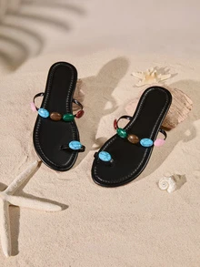 Tropiscape Women's Summer New Elegant Cute Comfortable Colorful Jewel Embellished Flat Sandals, Large Size White Cottagecore,SummerOutfit - Black - View 1