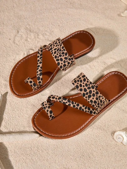 Tropiscape EU New Style Plus Size Women Leopard Print Open Toe Comfort Flat Leather Slide Sandals, Casual Fashion Outdoor Beach Shoes For Summer