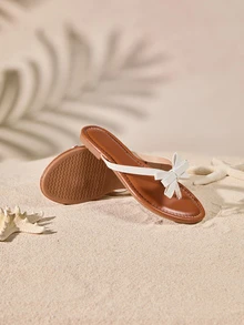 Tropiscape 女士時尚休閒和假日風格PU蝴蝶結開槽前開式圓頭拖鞋，舒適白色夏季涼鞋/平底拖鞋 - 白色 - 查看 5