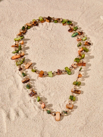 Tropiscape 1件复古项链，波西米亚风格彩色贝壳串珠双层项链，复古奢华假日长项链，可叠戴，各种宝石和珍珠颜色和形状