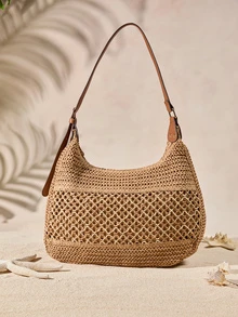 Tropiscape New French Woven Tote Bag, Large Capacity Beach Vacation Crossbody Shoulder Bag For Summer - Khaki - View 1