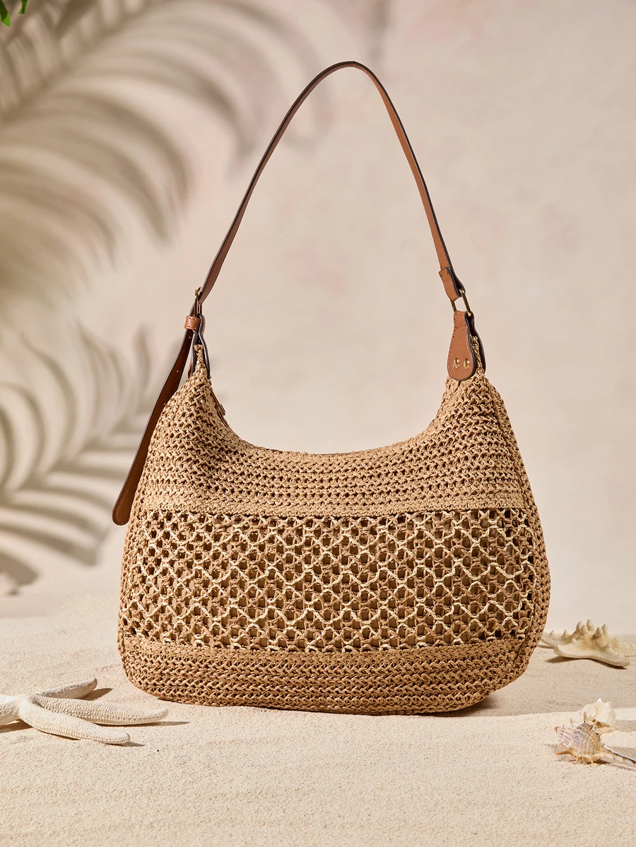 Tropiscape New French Woven Tote Bag, Large Capacity Beach Vacation Crossbody Shoulder Bag For Summer - Khaki - View 1