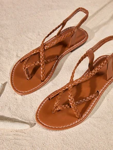 Tropiscape Women's New Woven Flat Sandals, Black/Brown/White, Thong Slippers, Solid Color Open Toe Anti-Slip Slides, Outdoor & Indoor Wear, Fashion Daily Casual Flat Beach Shoes, Bohemian Criss-Cross Strap Flat Sandals, Comfort Lightweight Hollow-Out Open Toe Flats, High-Top Roman Sandals, Gold/Black Flat Sandals, Beach Shoes Cottagecore,SummerOutfit - Brown - View 4