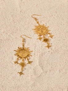 Tropiscape 2pcs Retro Alloy Bohemian Handmade Sun Face Hollow Out Star Pattern Pendant Earrings For Women Daily Wear - Yellow Gold - View 2