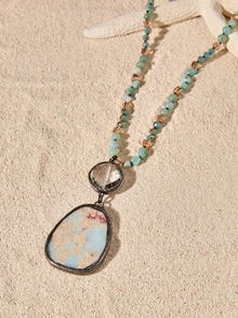 Tropiscape 1pc Spring New Bohemian Vintage Style Natural Stone Glass Knot Necklace With Square Emperor Stone Pendant For Women Sweater Chain Cottagecore,SummerOutfit Witch Halloween, Trick Or Treat, Spooky, Haunted, Creepy, Scary, Boo - NK2634 - View 4