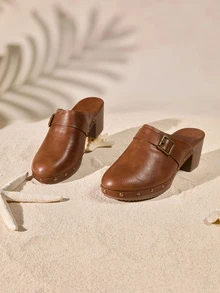 Tropiscape Women's Spring/Autumn Round Toe Slip-On Mules Heeled Sandals, Outdoor/Commute PU Chunky Heel Brown Shoes,Elegant - Brown - View 1