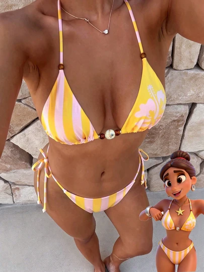 Women's Bikini Swimwear, Casual Retro Striped Tropical Hibiscus Floral Pattern Beach Swimwear, Fashionable Swimwear, Supportive Top/Outerwear/Fitness Wear/Casual/Y2K/2000s/Y2K Style/Elegant/Vintage/Streetwear/Resort Wear/Music Festival Pool Party Summer 2026