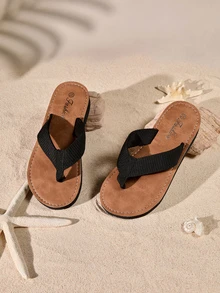 Tropiscape Women's Fashion Shoes Black Summer Shoes Imitation Straw Weaving Flat Shoes Casual Beach Ladies Slip-On Sandals Imitation Sole Flip Flops - Black - View 1