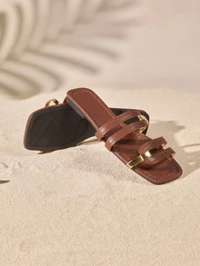 女士新款棕色方头金色带镂空露趾休闲一脚蹬凉鞋，适合夏季度假、海滩、日常穿着 - 棕色 - 查看 4