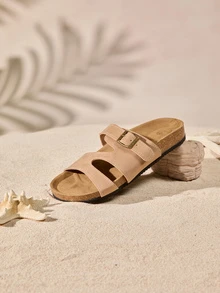 Tropiscape Women's Flat Sandals, Casual Soft Cork Slip-On Sandals, Buckle Beach Holiday Slippers Cottagecore,SummerOutfit - Apricot - View 5
