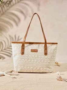 Tropiscape 1 件棕色尼龙面料顺滑拉链铆钉镂空点缀时尚百搭休闲夏季新款小众大容量单肩托特包，适合女性日常使用 - 棕色 - 查看 1