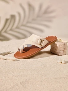 Tropiscape Nuevas sandalias planas de primavera y verano de gran tamaño, de moda casual, que combinan con cualquier atuendo de estilo cottage core y de verano para mujeres - Beis - Ver 4