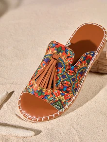 Tropiscape Women's Fringe Decor Flat Sandals, Beach Wet Water Slippers, Non-Slip Wear-Resistant Fashion Versatile Cottagecore,SummerOutfit - Multicolor - View 3