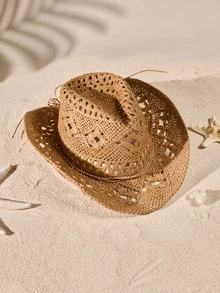 Tropiscape 1顶手工时尚巴拿马草帽，波西米亚风沙滩遮阳帽，防紫外线遮阳帽，休闲防风帽，田园风，夏季穿搭 - 彩色 - 查看 3