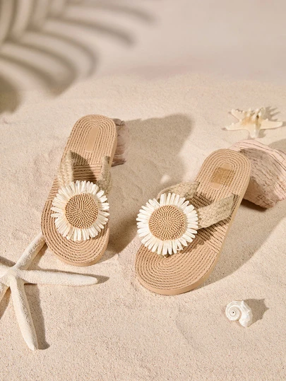 Tropiscape Sandalias de cuña para mujer, tacón bajo, sandalias de mujer, chanclas de cuerda, sandalias con tira cruzada, dedo del pie abierto, slip on, casuales para uso diario, exterior, vacaciones, playa, viajes, color beige, marrón, decoración con girasol y margarita, chanclas flip flop