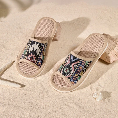 Tropiscape Fall/Winter Vintage Bohemian Style Women's House Slippers, Indoor Linen Slippers With Thick Non-Slip Sole For Summer Home Use