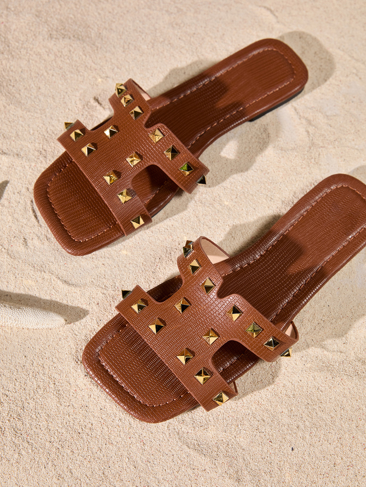 新款时尚 H 女士拖鞋，春/夏，时尚休闲风格，罗马风格户外穿搭拖鞋，宽松一脚蹬舒适黑色、米色、棕色凉鞋，带浮雕设计，法式高端拖鞋，带水钻，加厚底坡跟厚底女士凉鞋 - 棕色 - 查看 2