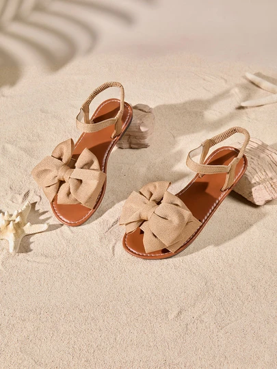 Tropiscape 大码女式露趾平底凉鞋，蝴蝶结设计，PU 可调节带，圆头，渔夫风格，舒适，适合室内外休闲聚会，夏季新品