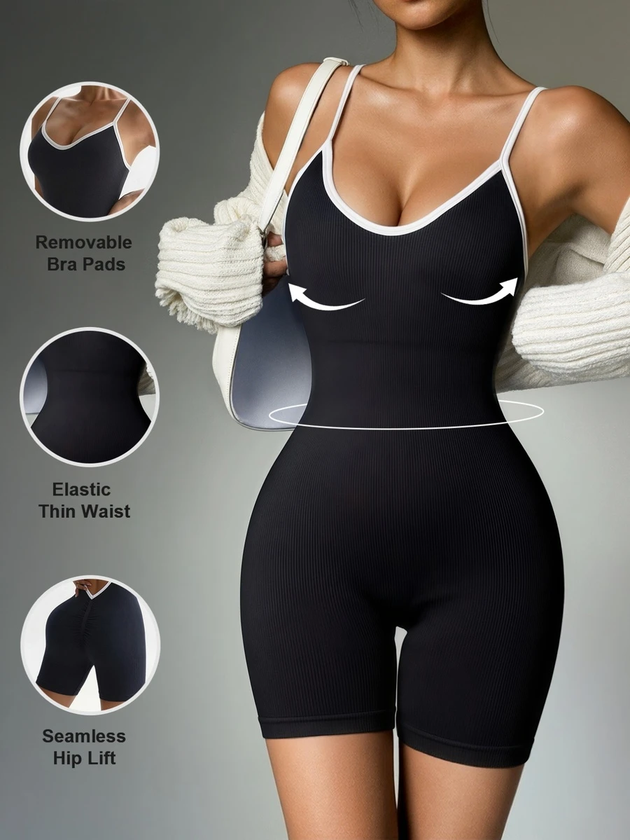 女士无缝塑身连体衣：收腹提臀，内置不可拆卸衬垫胸罩，露背设计，交叉后背带 - 黑色 - 查看 1