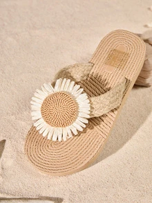 Tropiscape Women's Wedge Sandals Low Heel Ladies Sandals Rope Women Slippers Criss-Cross Straps Open Toe Slip On Casual Everyday Outdoor Vacation Beach Travel Beige Brown Sandals Sunflower Daisy Decor Flip Flops Cottagecore,SummerOutfit - Beige - View 2