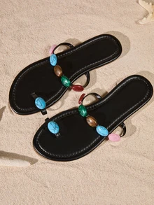 Tropiscape Women's Summer New Elegant Cute Comfortable Colorful Jewel Embellished Flat Sandals, Large Size White Cottagecore,SummerOutfit - Black - View 4