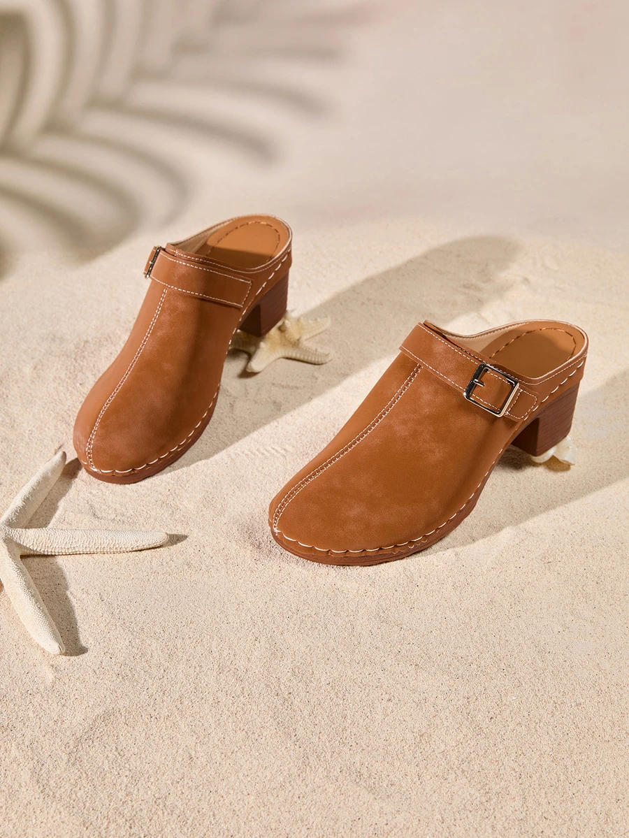 Tropiscape Giày mule thời trang nữ: Thiết kế gót chunky, phù hợp để phối cùng quần jeans/chân váy, trang trí khóa kiểu bohemian thanh lịch, phong cách cottagecore, trang phục mùa hè. - màu nâu - Xem 1
