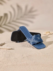 Tropiscape 女士时尚方头平底凉鞋，春夏季百搭一脚蹬平底凉鞋 - 藍色 - 查看 2