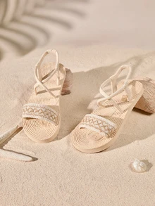 Tropiscape 時尚交叉帶低跟涼鞋帶外漏高跟鞋適合女士 - 米色 - 查看 1