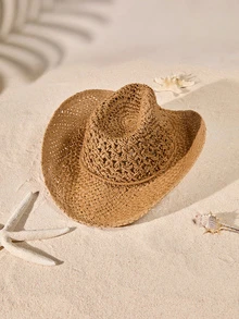 Tropiscape 1 件手工编织时尚巴拿马牛仔草帽，波西米亚海滩太阳帽，防紫外线，防风休闲遮阳帽 - 卡其色 - 查看 3