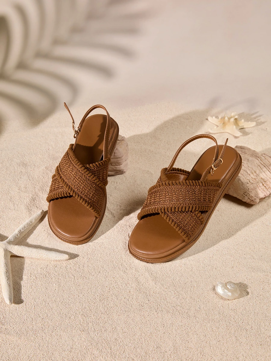 Thick Sole Buckle Sandals, Outdoor Beach Peep Toe Wedge Heel Retro Bohemian Holiday Soft Bottom Comfortable Non-Fatiguing Fringe Woven Mesh Sporty Casual Shoes, Wedge Soft Bottom Summer New 2026 Spring Autumn Brown Round Toe Criss-Cross Strap Roman Shoes, Plus Size Women 41-43 Cottagecore,SummerOutfit - Brown - View 1