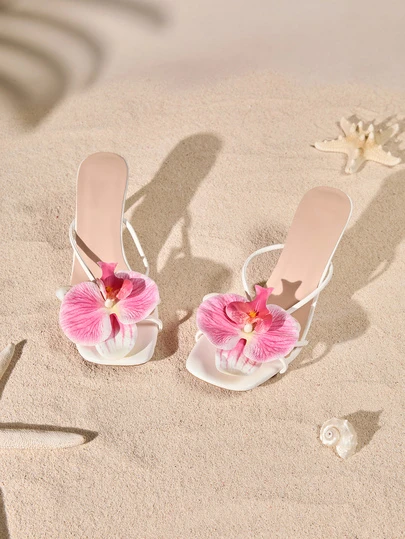 Tropiscape Sandalias de tacón alto con puntera cuadrada francesa, elegantes, de unicolor, de estilo vacacional y de diosa de la playa, con decoración floral, de cuero de poliuretano, estilo de diosa suave, adecuadas para la playa, vacaciones, sandalias de tacón, sandalias para mujer, boda, verano, tacones de gatito