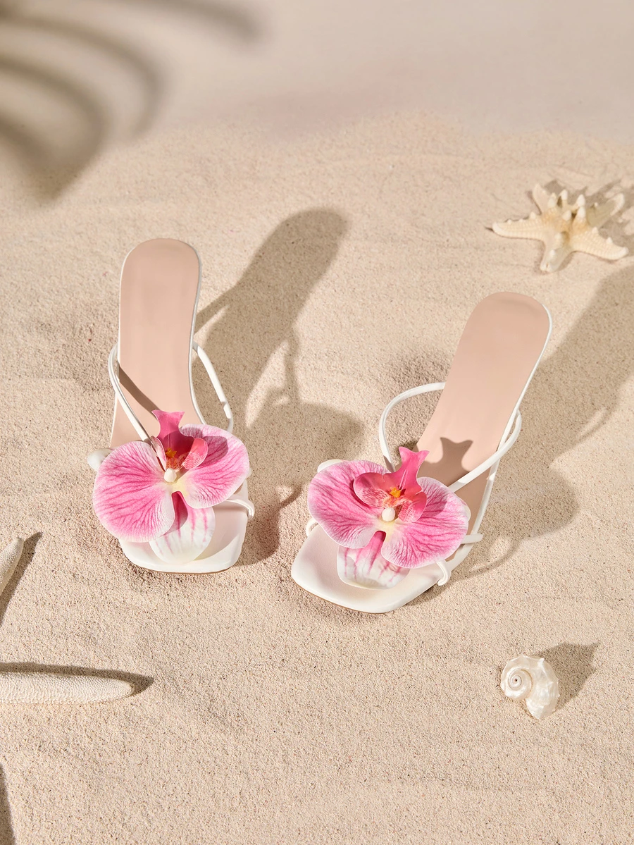 Tropiscape 法式方头优雅纯色度假时尚沙滩女神PU皮花卉装饰温柔女神度假风细高跟凉鞋，适合沙滩、度假、高跟凉鞋、女士凉鞋、婚礼、夏季、猫跟鞋 - 玫紅色 - 查看 1