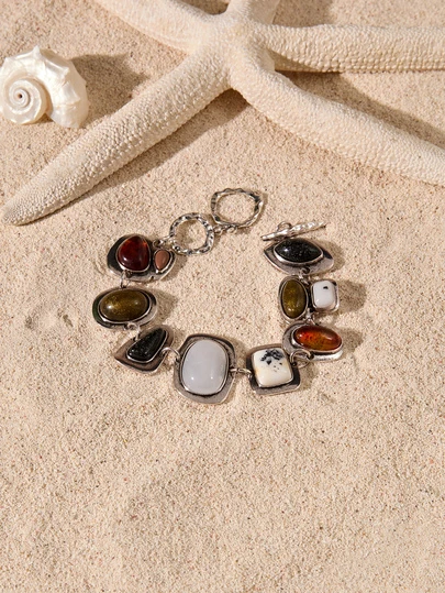 Tropiscape 1st Nya ZA Bohemian Vintage Armband Dammode Golden Metal Hollow Link Charm Resin Statement Armband ﻿(Random Resin Color)