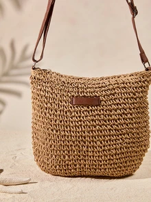 Tropiscape 1个休闲草编斜挎包，新款夏季简约手提包，编织包，沙滩包，Y2K风格沙滩包，夏季包，百搭女包，托特包，单肩包，沙滩必备，度假必备，白色包，旅行必备，化妆包，女士手提包，父亲节礼物，母亲节礼物，复活节礼物，最新节日包 - 卡其色 - 查看 5