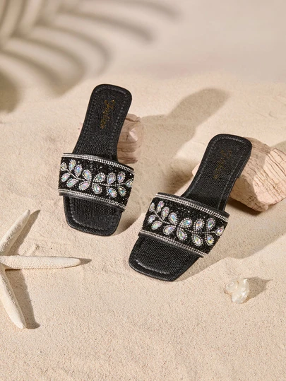 Tropiscape 加大码 41 女士拖鞋，方头平底一脚蹬凉鞋，适合春夏季，适合搭配连衣裙，时尚水钻装饰