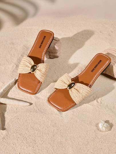 Tropiscape Sandalias planas de paja con decoración de lazo metálico para mujer, diseño minimalista cómodo para vacaciones, playa, hogar y uso diario en verano, chanclas tejidas de punta abierta en color amarillo