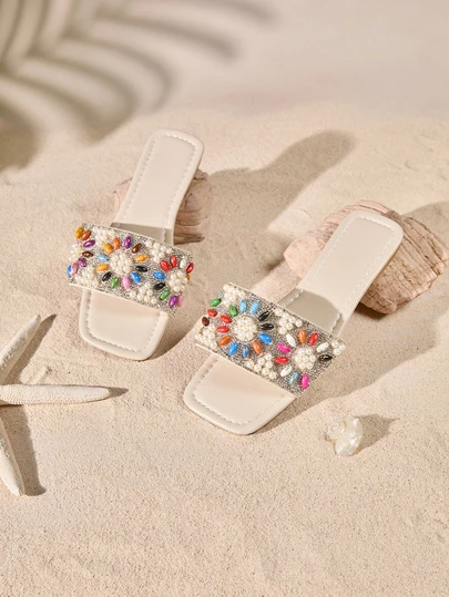 Tropiscape 女士简约时尚舒适串珠拖鞋，百搭户外服装，夏季新款水钻平底凉鞋