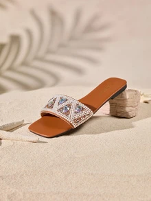 Tropiscape New Plus Size Waterdrop Beaded Flat Sandals, Women Open-Toe Strap Lightweight Comfortable Beach Slippers Cottagecore,SummerOutfit - Brown - View 3